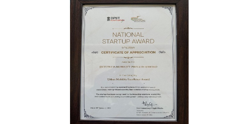 Entuple E-Mobility Wins National Startup Award for Urban Mobility Excellence